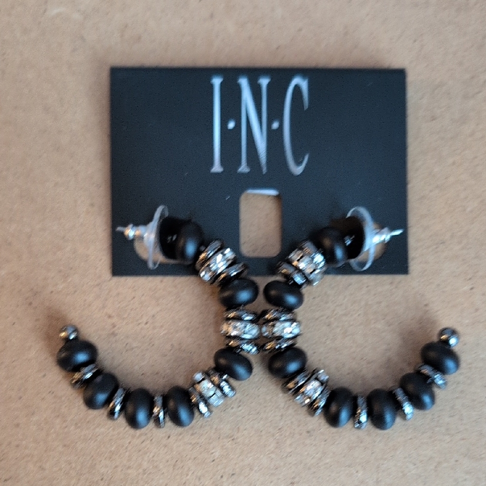 INC International Concepts Black Beaded Hoop Earrings with Rhinestone Spacers